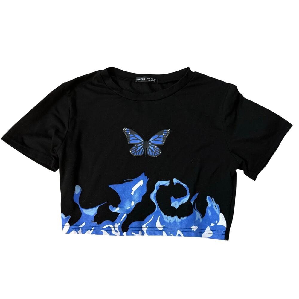SHEIN Black Blue Flame Butterfly Crop Top Size Small
Y2K